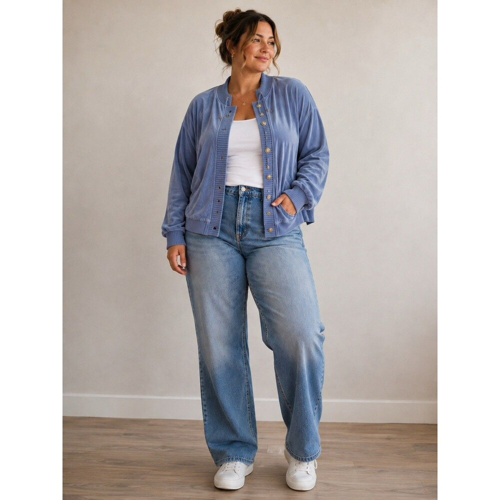 Vintage Style Blue Velour Track Jacket Gold Buttons Ribbed Collar PXL